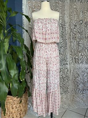 Japna Strapless Wide Leg Romper Jumper Smocked Floral Red White Gold Flow Casual